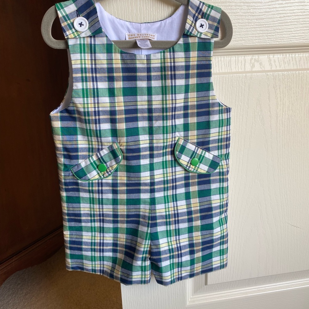 The Beaufort Bonnet Company Blue and Green Plaid Romper